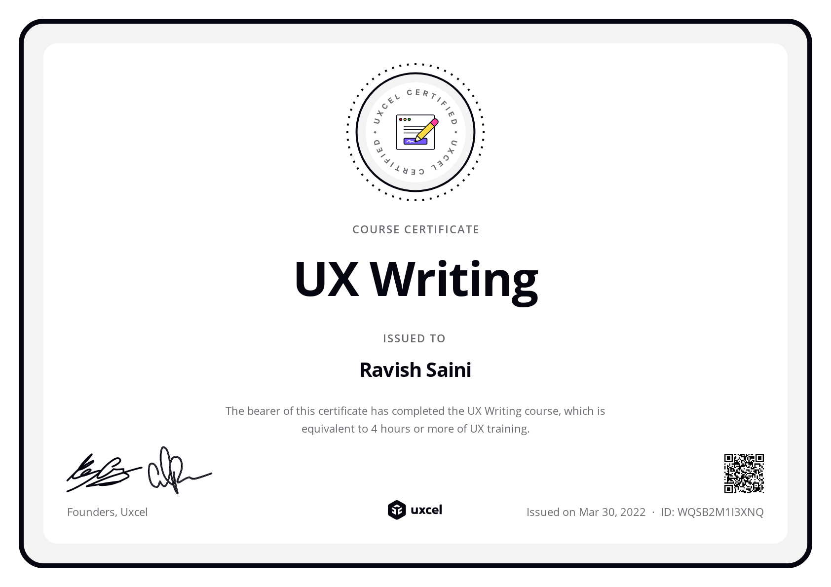 Ravish Saini's certificate